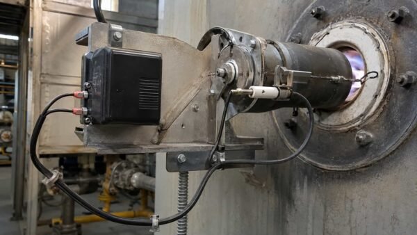image Industrial gas burner with high voltage igniter wires running from the ignition transformer to a ceramic-insulated spark rod at the burner throat