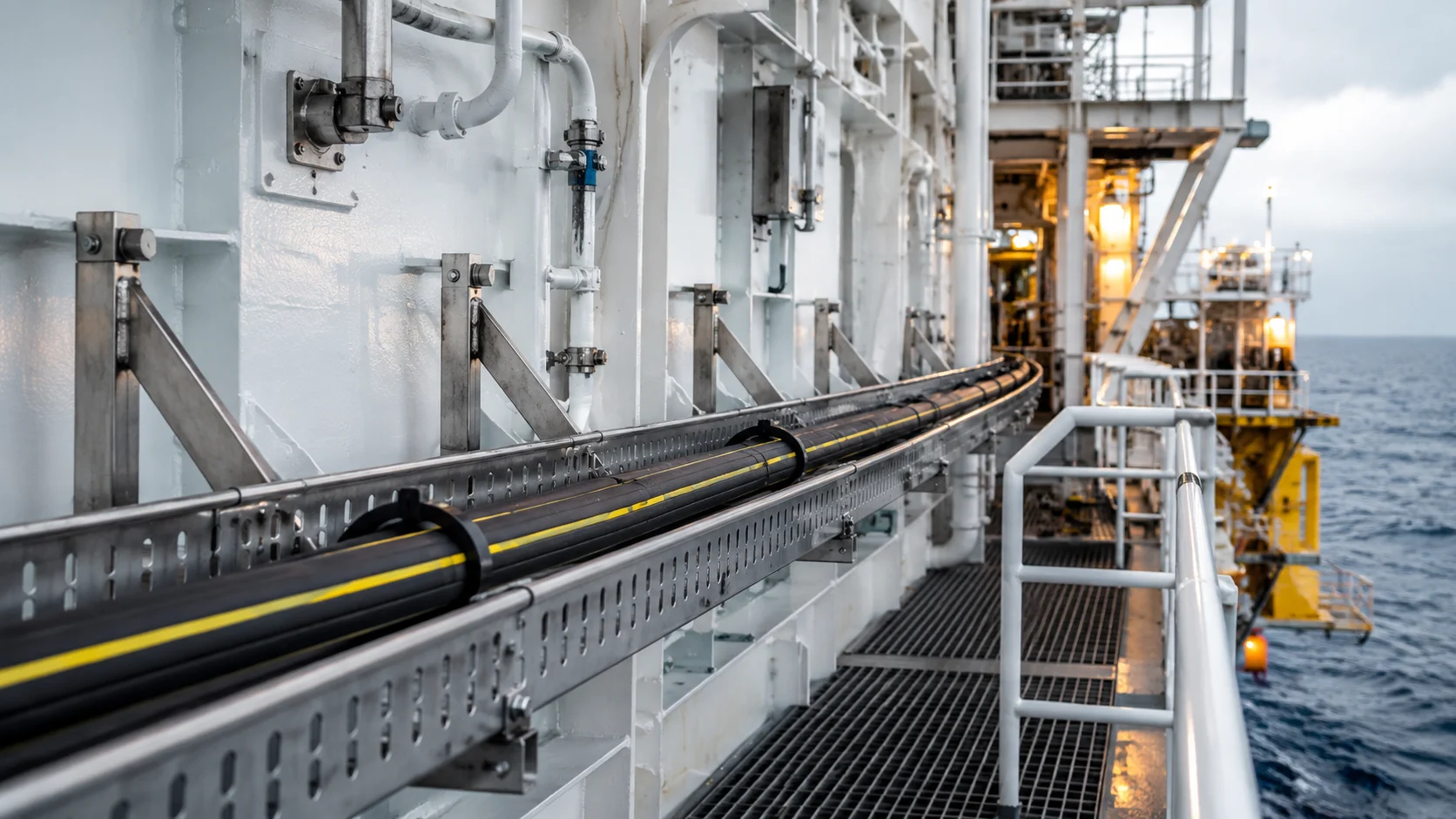 Marine electrical cable installed in a cable tray on an offshore platform