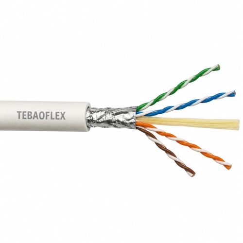 TEBAOFLEX neutrally buoyant Cat5e ROV tether cable showing four twisted pairs, foil screen and strength fibres