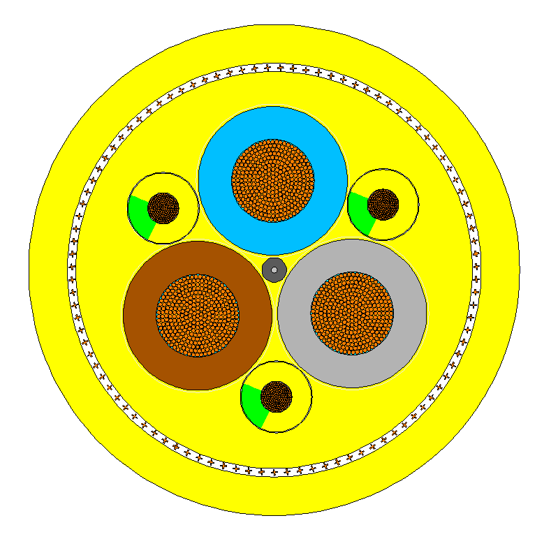 NSHCGEÖU KON+ST+UL cable cross-section showing power cores, concentric monitoring and earth conductors, armour and rubber sheath