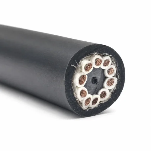 NTMTWOEU Mine Hoist Cable NTMTWOEU mine hoist cable showing a black rubber sheath and a multi-core cable end with central support element