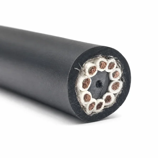 NTMTWOEU mine hoist cable showing a black rubber sheath and a multi-core cable end with central support element
