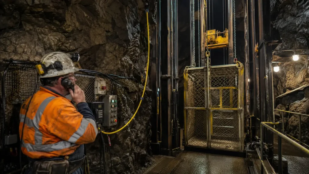 Underground mine hoist cage and operator scene illustrating suspended NTMTWOEU mine hoist cable application