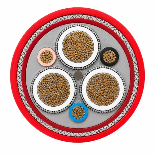 NTSCGERLWOEU Cable Cross-Section NTSCGERLWOEU cable cross-section showing three insulated power cores, earth conductors, steel braid and red outer sheath