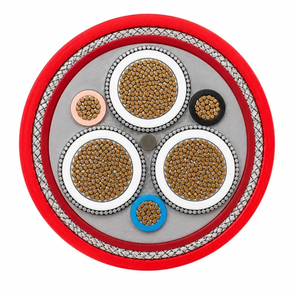 NTSCGERLWOEU Cable Cross-Section NTSCGERLWOEU cable cross-section showing three insulated power cores, earth conductors, steel braid and red outer sheath
