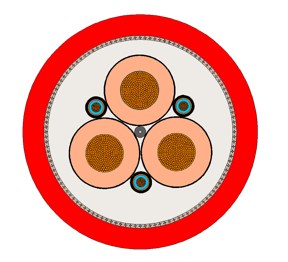 NTSKCGECWOEU cable cross-section showing three power cores, double concentric control and PE conductors, armour and red outer sheath