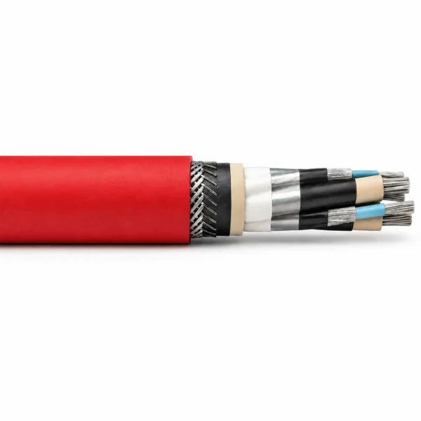 NTSKCGECWOEU coal cutter chain cable with red outer sheath and exposed power, control and PE conductors