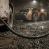 Underground mining loader connected by trailing cable in a mine tunnel, illustrating NTSKCGWÖU cable selection