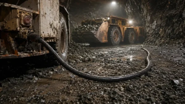 Underground mining loader connected by trailing cable in a mine tunnel, illustrating NTSKCGWÖU cable selection