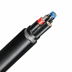 NTSKCGWÖU mining loader cable cutaway showing three power cores, a central reinforcement and black outer sheath