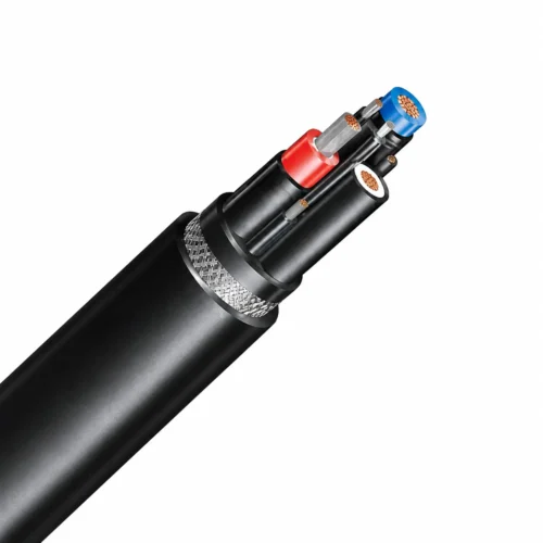 NTSKCGWÖU Mining Loader Cable NTSKCGWÖU mining loader cable cutaway showing three power cores, a central reinforcement and black outer sheath