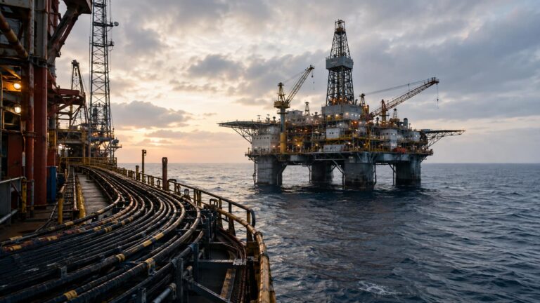 Offshore oil and gas drilling platform with industrial cables on deck