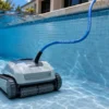 Pool Cleaner Umbilical Cable Application Blue pool cleaner umbilical cable connected to a robotic swimming pool cleaner underwater