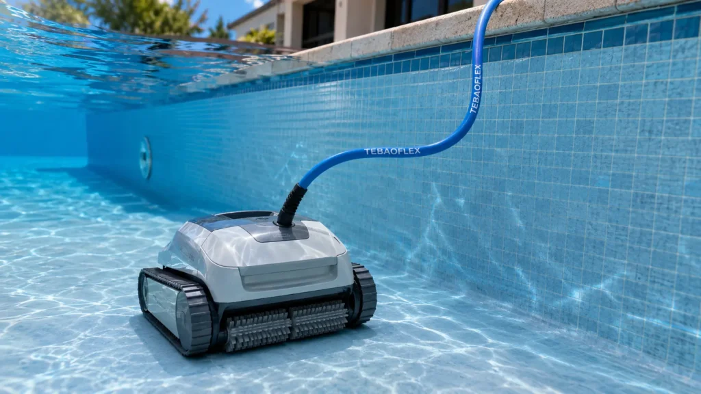 Blue pool cleaner umbilical cable connected to a robotic swimming pool cleaner underwater