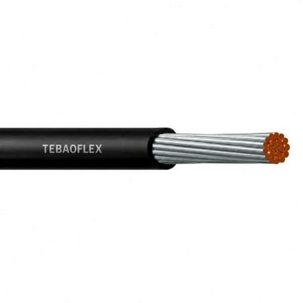 Silicone hook up wire with black silicone insulation, TEBAOFLEX marking and exposed stranded tinned copper conductor