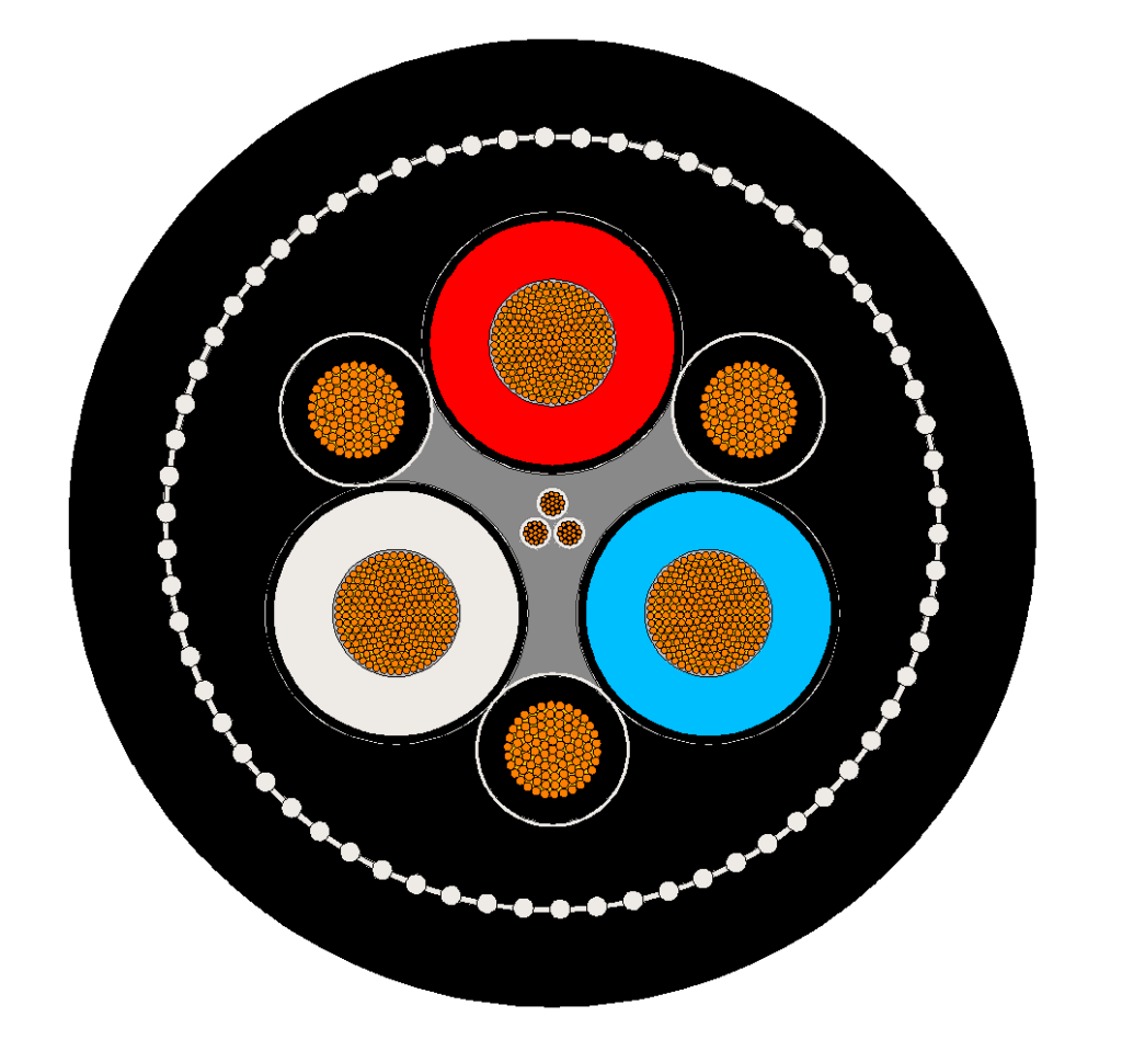 Type 245 cable cross-section showing power cores, pilot cores, earth conductors and reinforcement