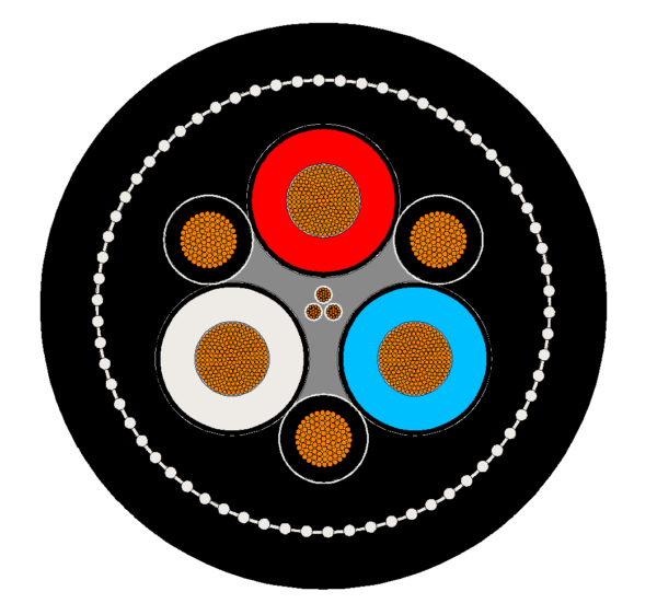 Type 245 Mining Cable Cross-Section Type 245 cable cross-section showing power cores, pilot cores, earth conductors and reinforcement