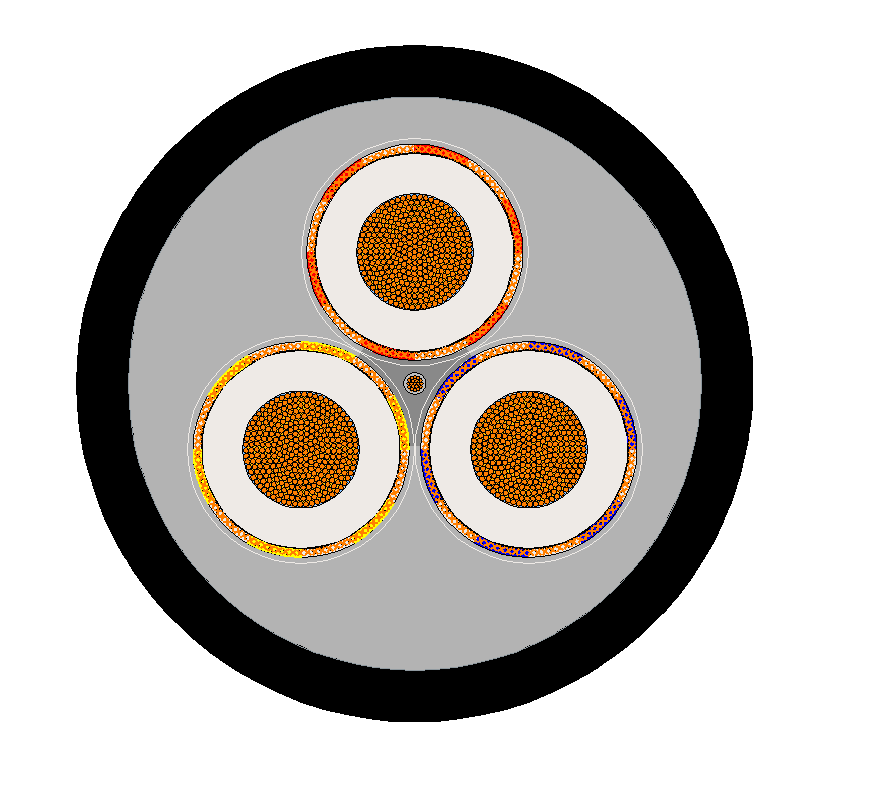 Type 409 cable cross-section showing three power cores, central pilot, earth screen and reinforcement