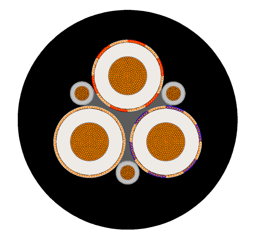 Type 440 cable cross-section showing three power cores, three pilots, composite screen and sheath