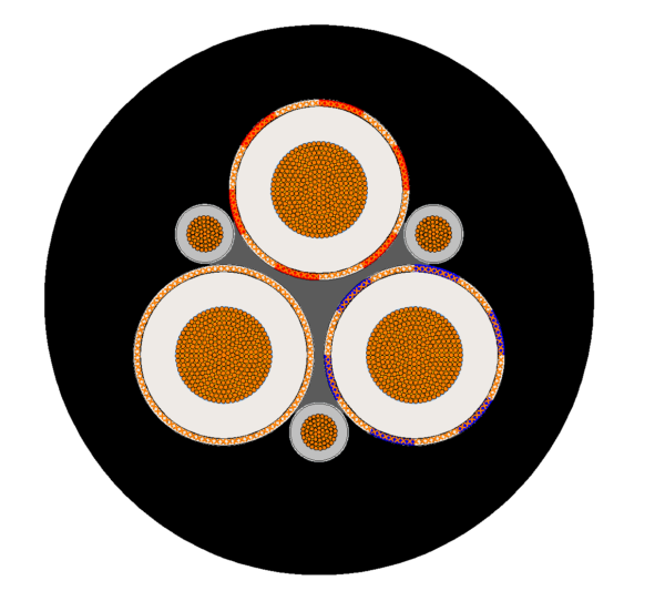 Type 440 Composite Screened Mining Cable 1.1–22 kV Cross-Section Type 440 cable cross-section showing three power cores, three pilots, composite screen and sheath