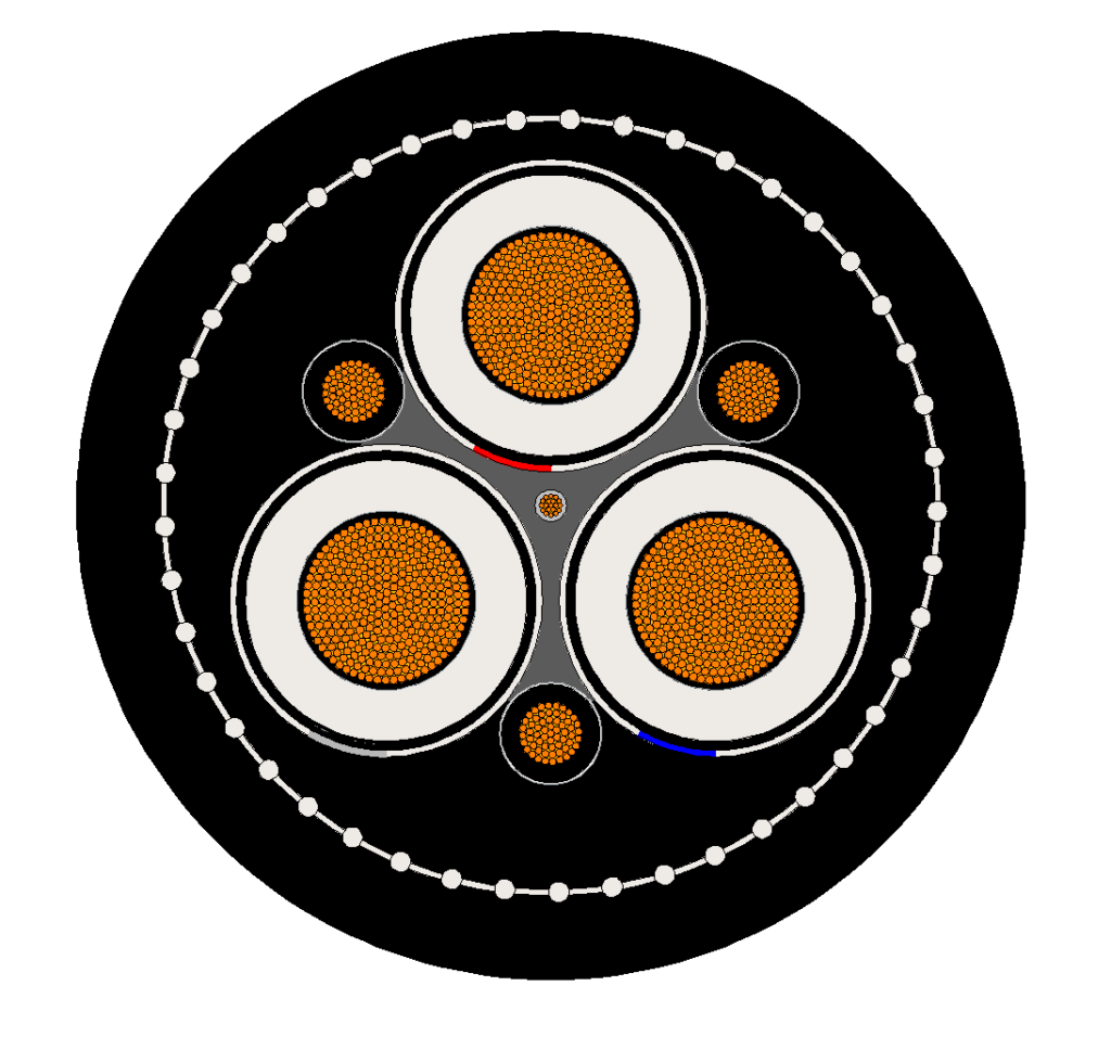 Type 441 Class 1 cable cross-section showing screened power cores, earth cores, pilot and braid
