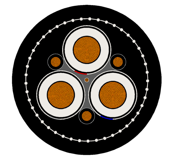 Type 441 Class 1 cable cross-section showing screened power cores, earth cores, pilot and braid