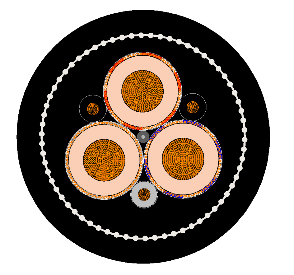 Type 450 cable cross-section showing power cores, composite screen, two earths and pilot