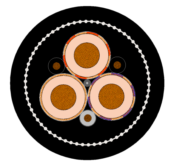 Type 450 Class 1 Composite Screened Mining Cable 3.3/3.3–33/33 kV Cross-Section Type 450 cable cross-section showing power cores, composite screen, two earths and pilot