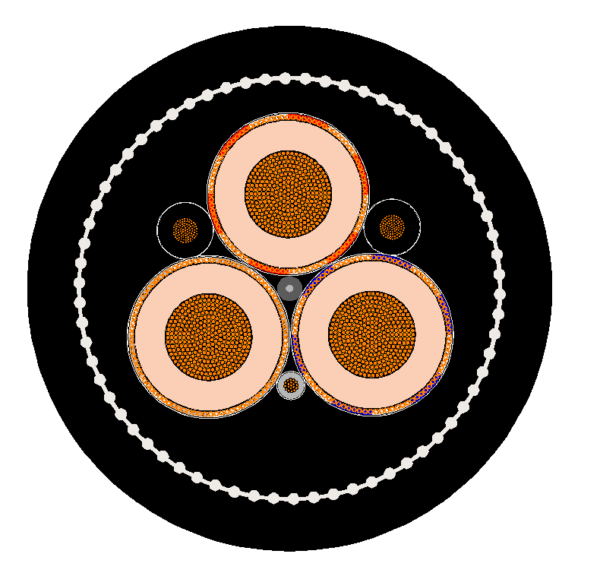 Type 451 Class 1 Composite Screened Mining Cable 3.3/3.3–33/33 kV Cross-Section Type 451 cable cross-section showing power cores, two earths, reduced-size pilot and composite screen