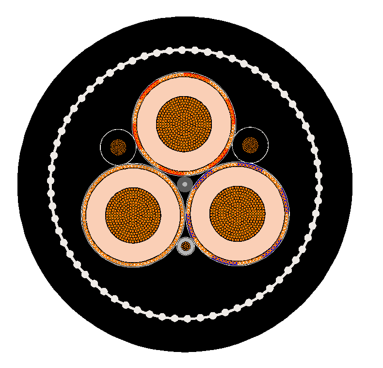 Type 451 cable cross-section showing power cores, two earths, reduced-size pilot and composite screen