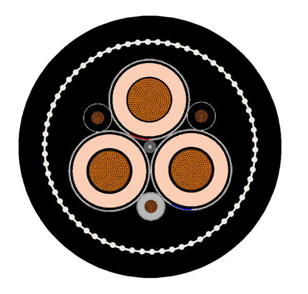 Type 455 Class 1 Semiconductive Screened Mining Cable 3.3/3.3–11/11 kV Cross-Section Type 455 cable cross-section showing three screened power cores, two earths and pilot