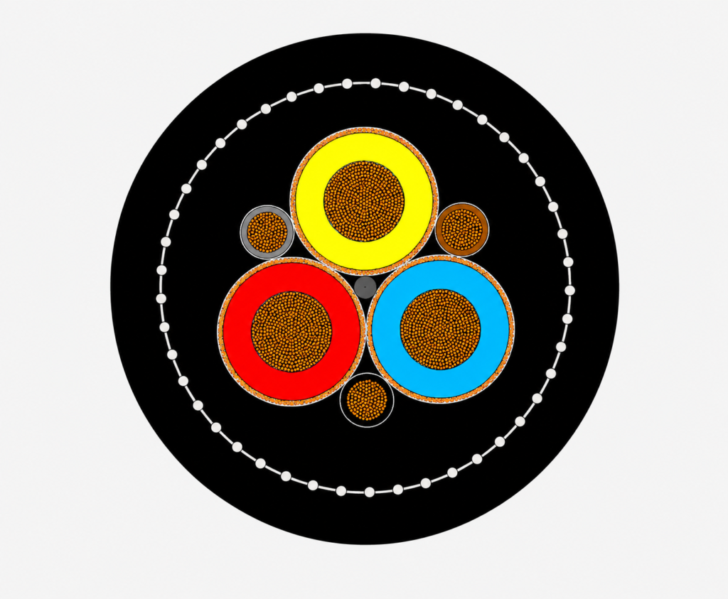 Type 61B cable cross-section showing three screened power cores, pilot cores and outer braid