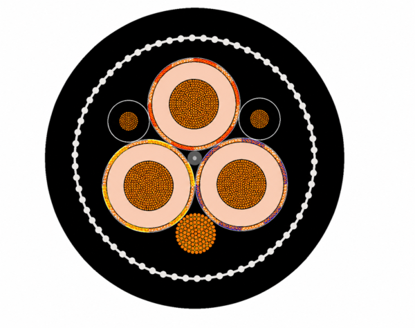 Type 633 / 633-ECC 19/33 kV Mining Cable Cross-Section Type 633 cable cross-section showing screened power cores, pilot cores, ECC path and outer reinforcement