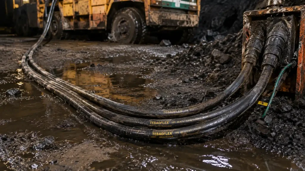 Type G Mining Cable connected to underground mining equipment in a wet mine environment