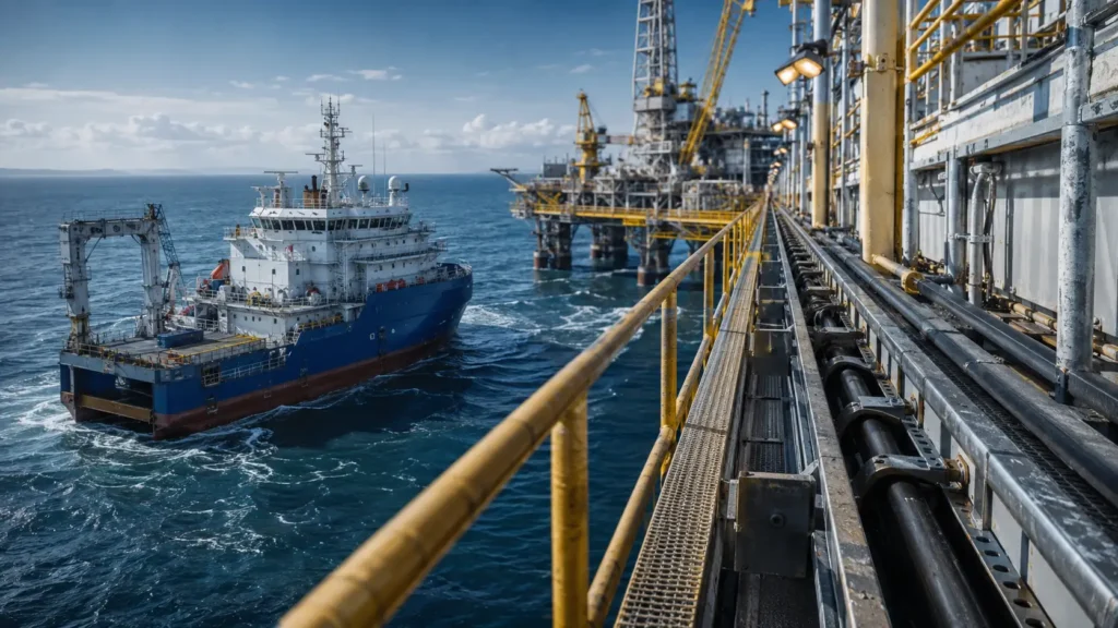 Tracé d’un câble marin et offshore près d’un navire de soutien et d’une plateforme
