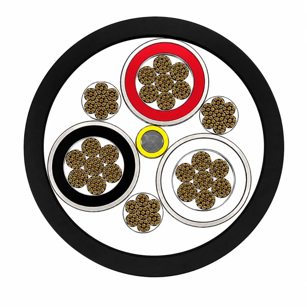 Type SHD-CGC cable cross-section showing three shielded power conductors, three grounding conductors and a central yellow ground-check conductor