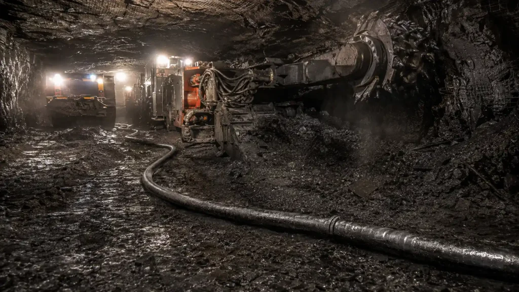 Underground longwall mining equipment and trailing cable, illustrating Type SHD-PCG portable power cable application