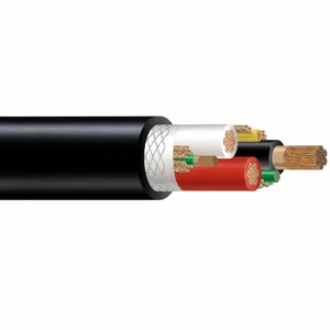 Type SHD-PCG mining power cable cutaway showing power, control and grounding conductors within a reinforced black CPE jacket