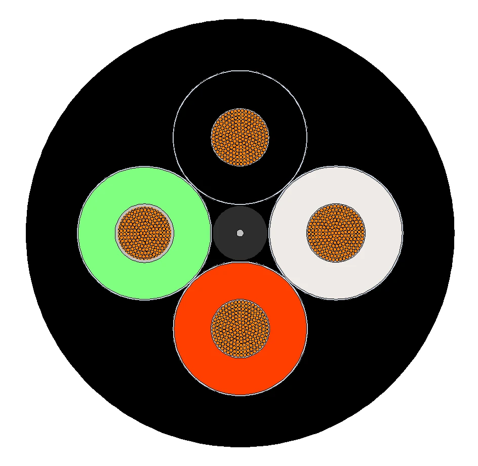 Type W cable four-conductor construction diagram showing flexible copper cores and black outer jacket