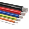 ul-xlpe-xlpo-hook-up-wire Six XLPE and XLPO single core hook-up wires in black, red, blue, green-yellow, orange and white, each stripped back to show the tinned copper conductor, from a large stranded size down to a very fine one