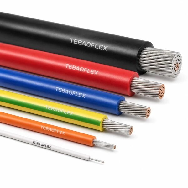ul-xlpe-xlpo-hook-up-wire Six XLPE and XLPO single core hook-up wires in black, red, blue, green-yellow, orange and white, each stripped back to show the tinned copper conductor, from a large stranded size down to a very fine one