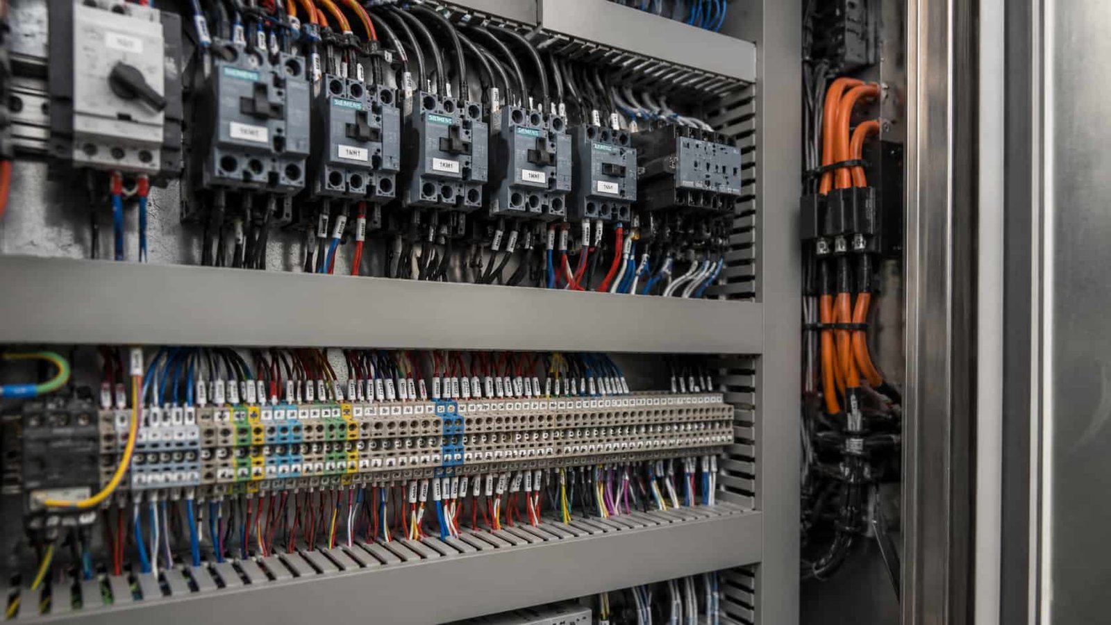 Control cabinet interior with contactors on the upper rail and a long terminal block row wired in coloured ferruled single cores, with orange power cables at the side