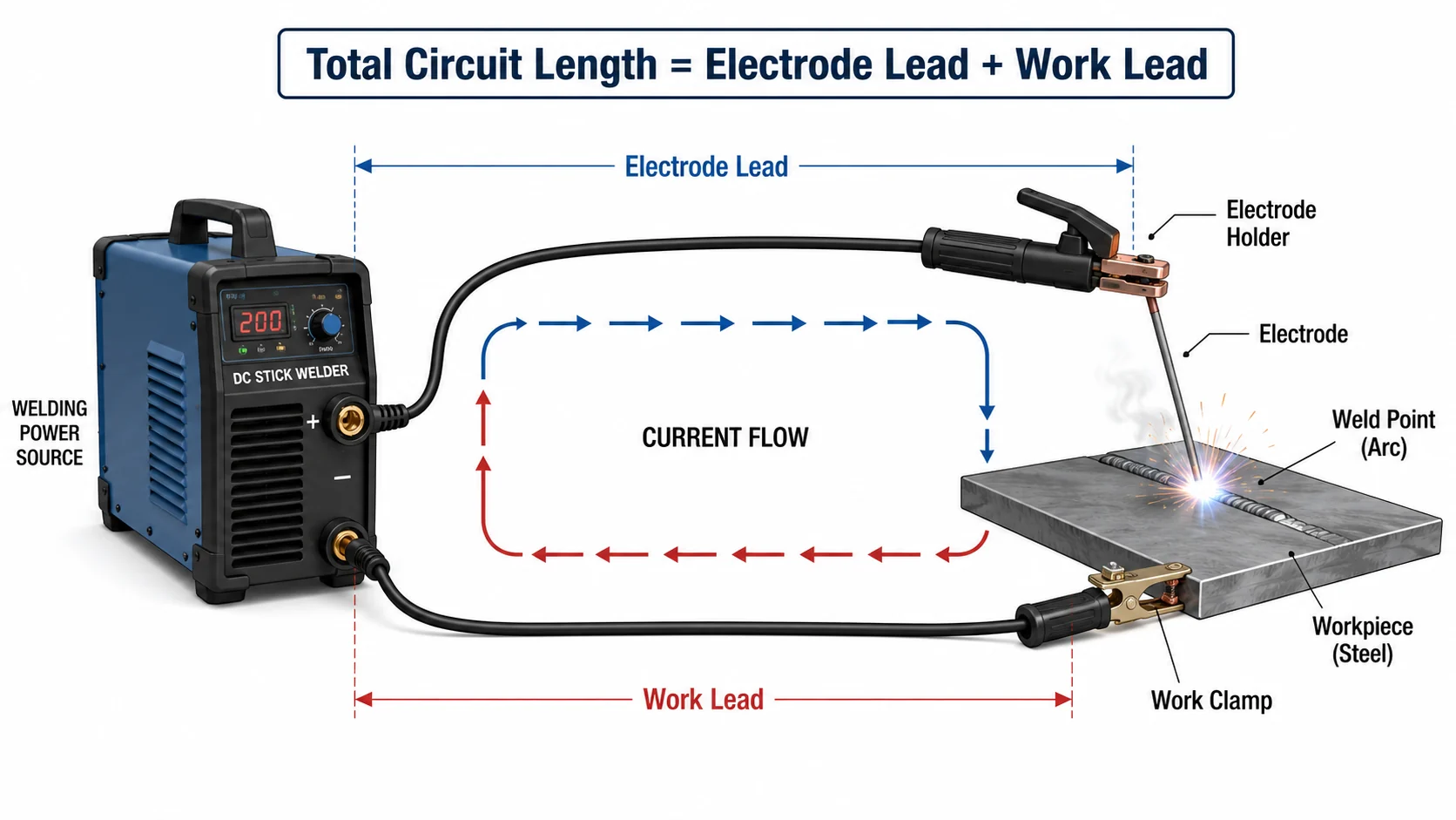 Welding circuit length measured as the electrode lead plus the work lead, shown on a DC stick welder set to 200 A