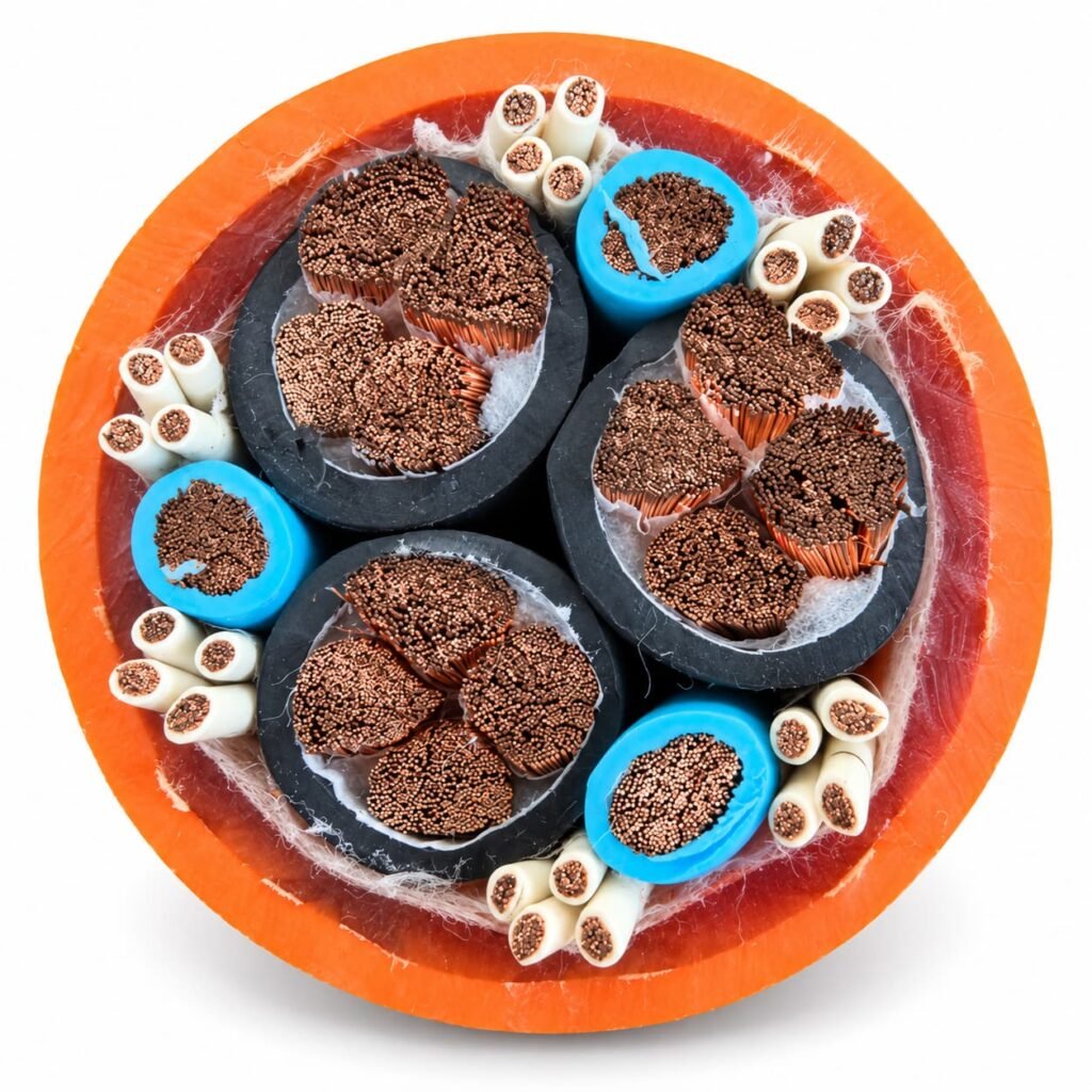 Sezione del cavo avvolgibile di alimentazione a terra 400Hz con tre anime di potenza, tre conduttori più piccoli e anime di comando raggruppate in una guaina arancione