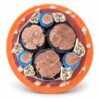 Estremità tagliata di un cavo arancione di alimentazione a terra 400Hz che mostra le anime di potenza in rame cordato e i gruppi di anime di comando