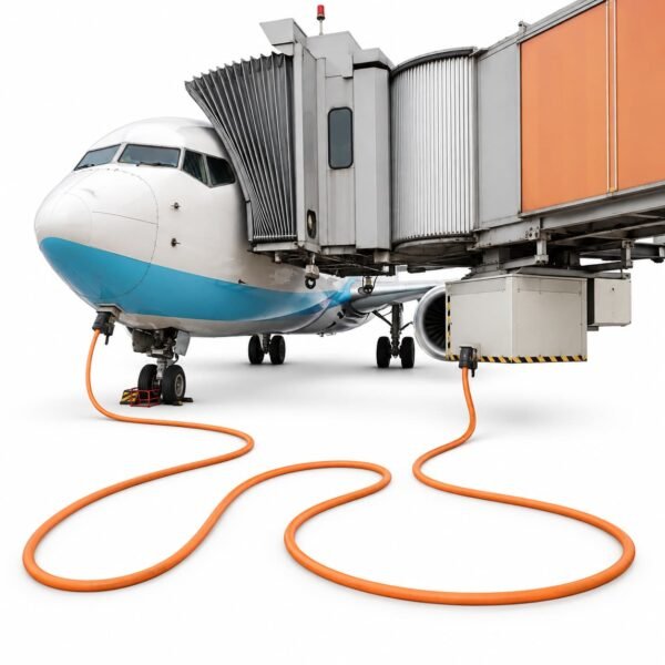 Cavo arancione di alimentazione a terra 400Hz che collega un aeromobile parcheggiato all'alimentazione del pontile d'imbarco passeggeri