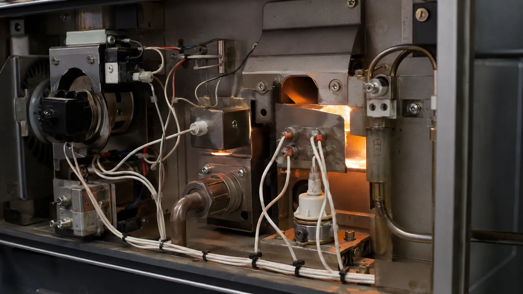 FEP hook up wire routed inside a gas burner assembly as igniter, flame sensor and blower motor leads