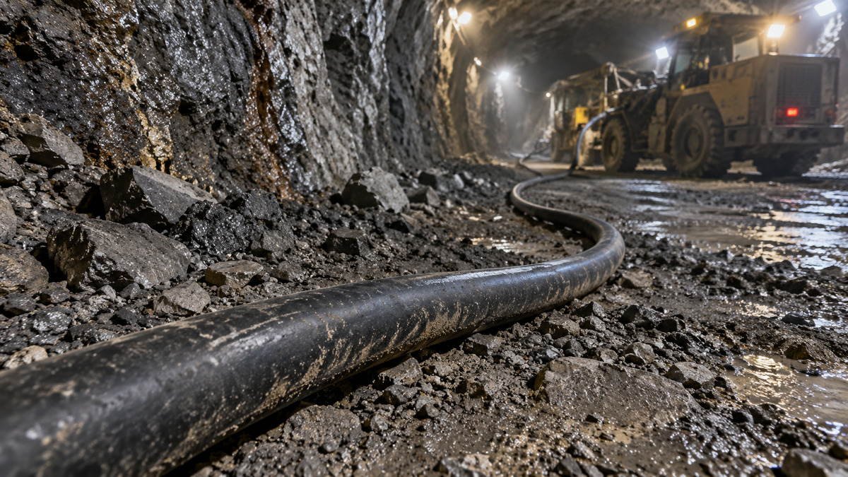 Cavo minerario trascinabile disteso sul suolo roccioso bagnato di una galleria sotterranea, che ritorna verso una pala caricatrice