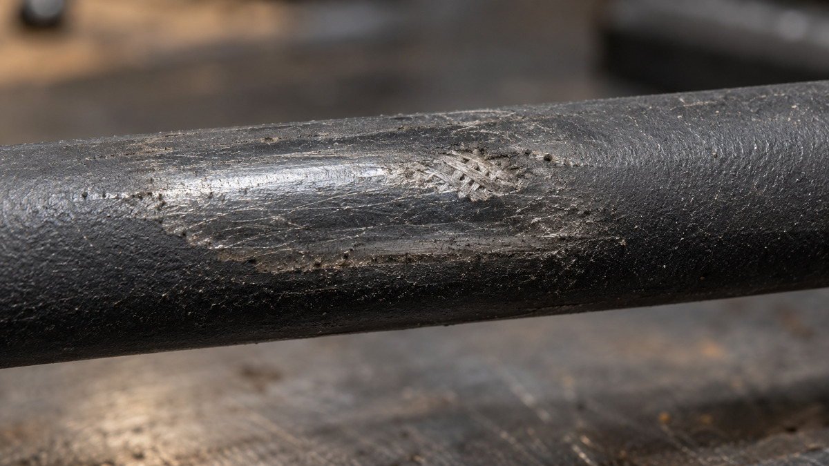 Primo piano della guaina di un cavo minerario con una fascia di usura lucidata e il rinforzo tessile che affiora in un punto