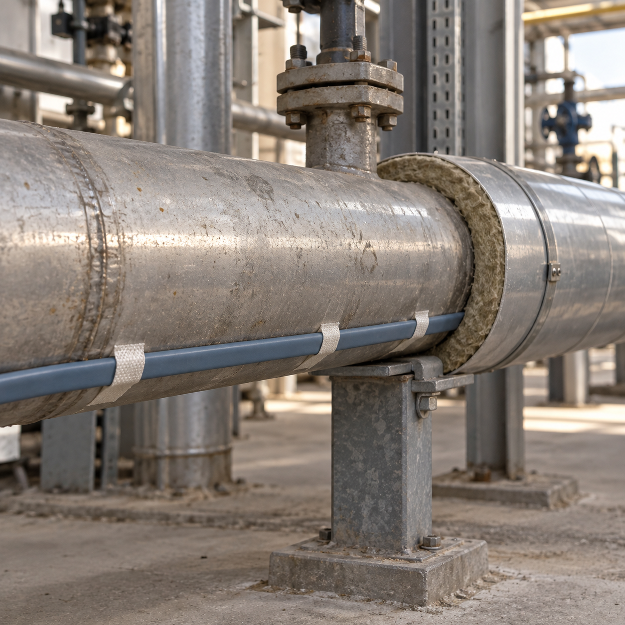 Self-regulating heating cable secured to industrial pipework for freeze protection and temperature maintenance